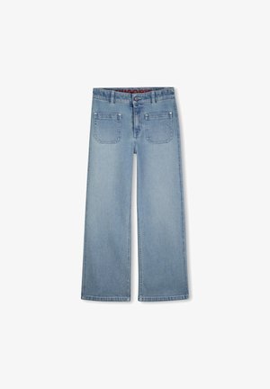Lichtblauwe denim jeans met wijde pijpen, voorzien van een aansluitende tailleband, twee achterzakken en subtiele stikseldetails langs de naden.