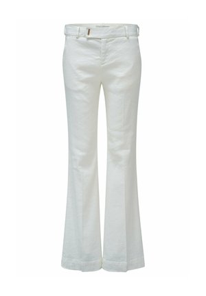 Pantalon blanc taille haute avec passants de ceinture, poches avant, braguette zippée et jambes légèrement évasées.