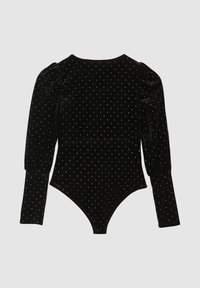 Body in velluto nero a maniche lunghe con spalle a sbuffo e piccoli pois bianchi distribuiti uniformemente sul tessuto.