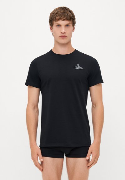 Black cotton t-shirt with short sleeves, fitted shape, and a small white graphic logo on the left chest area.