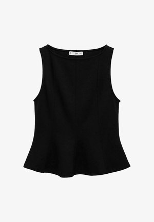 Crna bezrukavna majica s zaobljenim izrezom, lepršavim rubom i vertikalnim šavovima. Izrađena od glatkog, rastezljivog materijala.