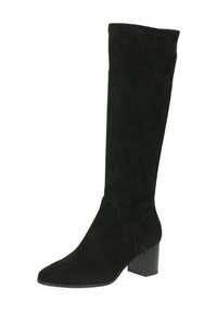 Juodos suede medžio aukščio batai su smailiu pirštu ir storu kulnu su tekstūriniu paviršiumi. Lygus, elegantiškas dizainas be papuošimų.