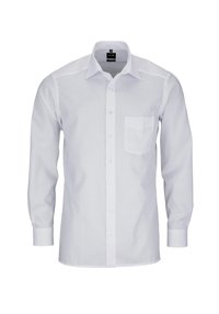 Weißes Langarmhemd mit durchgehender Knopfleiste, gepflegtem Kragen, einer Brusttasche und subtiler Textur. Taillierter Schnitt mit schlichter Gestaltung.