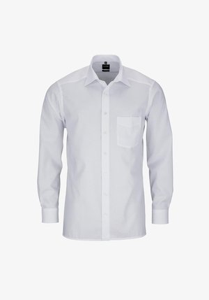 Weißes Langarmhemd mit durchgehender Knopfleiste, gepflegtem Kragen, einer Brusttasche und subtiler Textur. Taillierter Schnitt mit schlichter Gestaltung.