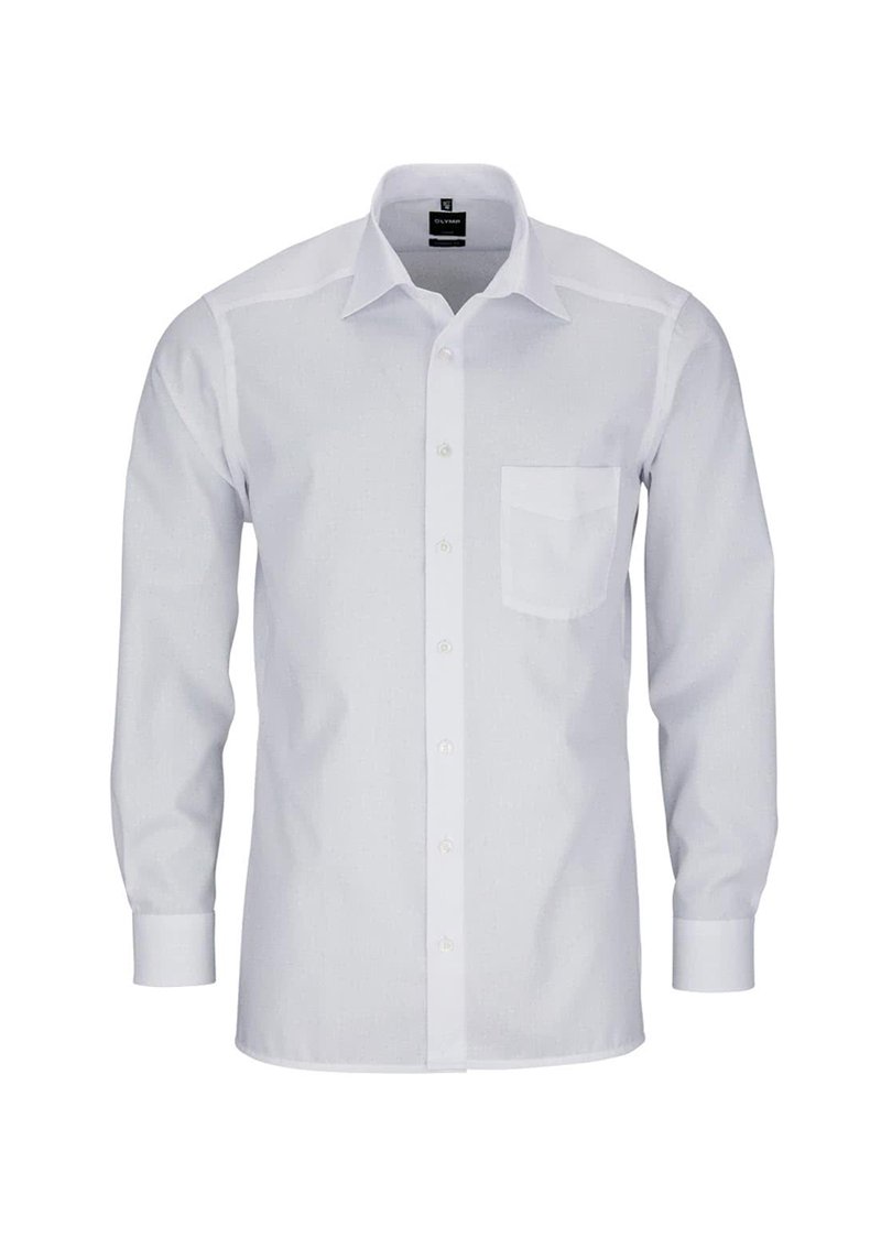 Weißes Langarmhemd mit durchgehender Knopfleiste, gepflegtem Kragen, einer Brusttasche und subtiler Textur. Taillierter Schnitt mit schlichter Gestaltung.