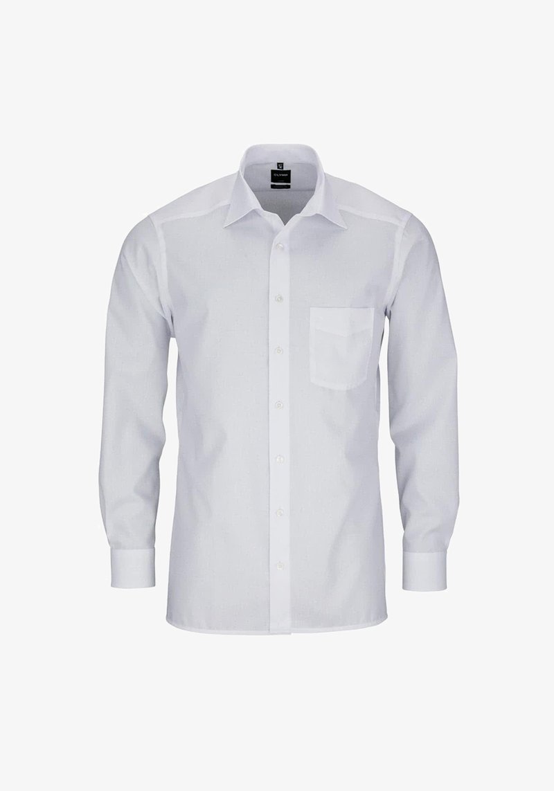 Weißes Langarmhemd mit durchgehender Knopfleiste, gepflegtem Kragen, einer Brusttasche und subtiler Textur. Taillierter Schnitt mit schlichter Gestaltung.