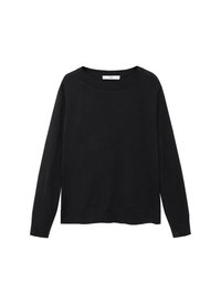Black sweater with long sleeves, round neckline, and a relaxed fit. Made from a smooth, lightweight fabric with a simple design.
