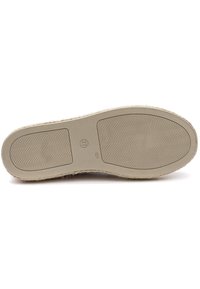 Hellbeige Schuhsohle mit strukturierter Gummiflfläche. Verfügt über eine geflochtene Kante und eingravierte Größenmarkierungen. Flache und ovale Form.