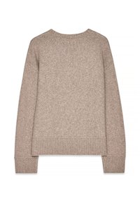 Beige Strickpullover mit Rundhalsausschnitt, gerippten Bündchen und Saum, entspannter Passform und weicher Textur. Rückansicht dargestellt.