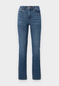 Blue denim jeans with a straight-leg design, high waist, five pockets, and contrasting stitching. Soft texture with minimal fading.