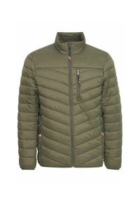 Olivgrüne Steppjacke mit hohem Kragen, Reißverschluss vorne und Chevron-Steppung. Verfügt über zwei Reißverschlusstaschen und Akzentbeschläge.