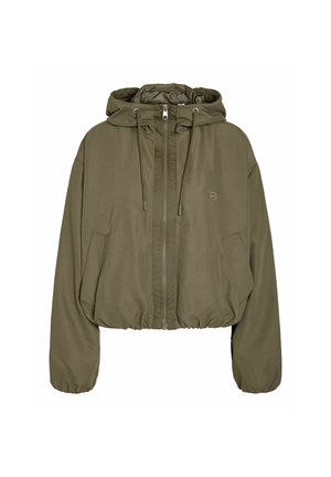 Olive green hooded jacket with front zipper, drawstring hood, elastic cuffs, and two side pockets, featuring a small embroidered logo on the chest.