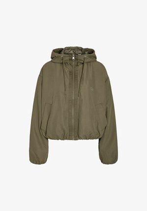 Olive green hooded jacket with front zipper, drawstring hood, elastic cuffs, and two side pockets, featuring a small embroidered logo on the chest.