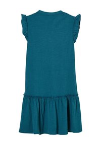 Vestido de algodón en color azul verdoso con mangas cortas con volantes, escote redondo y dobladillo en capas fruncidas. Textura suave y diseño casual.