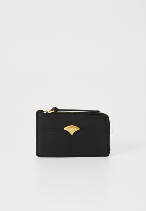 Black leather wallet with a gold accent, featuring a zip closure and card slots. Smooth texture with minimal stitching detail.