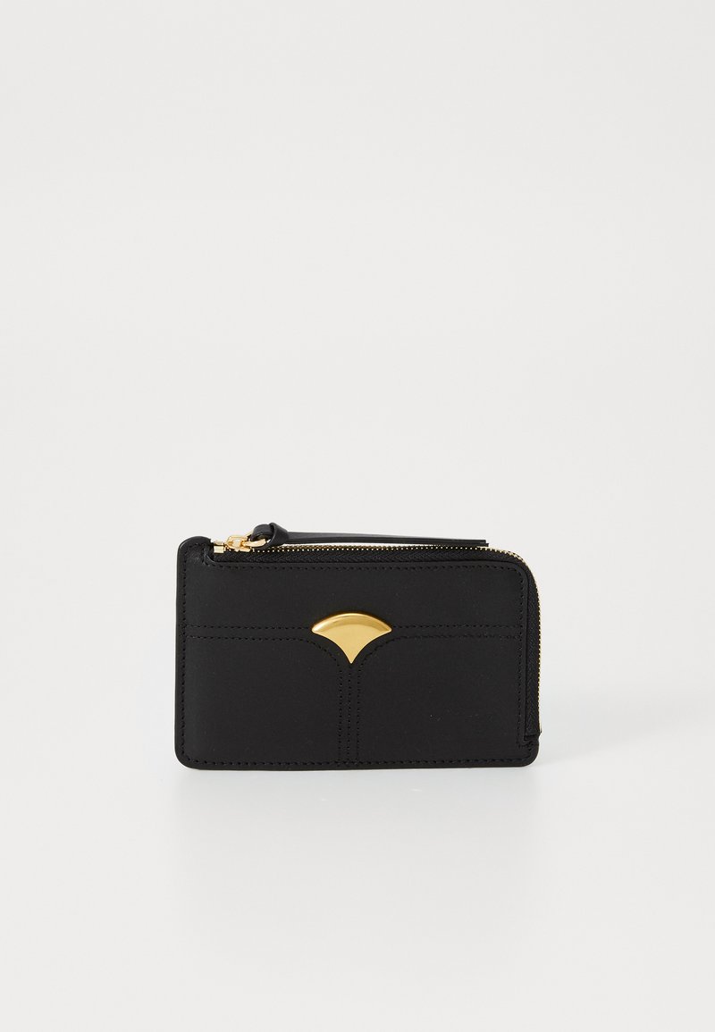 Black leather wallet with a gold accent, featuring a zip closure and card slots. Smooth texture with minimal stitching detail.