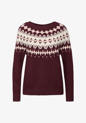 Maglione a maglia bordeaux con scollo rotondo, caratterizzato da un motivo geometrico bianco e rosa sulla parte anteriore, e polsini e orlo a costine.