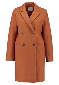 Abrigo cruzado en tejido marrón cálido, con solapas con muesca, dos bolsillos frontales y botones brillantes, con una silueta entallada.