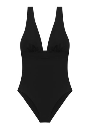 Μαύρο ολόσωμο μαγιό με βαθύ V λαιμόκοψη, φαρδιές τιράντες και εφαρμοστή υφή. Ομαλή υφή με απλό, άκοπο σχέδιο.