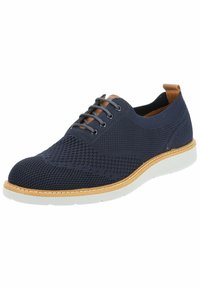 Scarpe in maglia blu navy con finitura testurizzata, caratterizzate da dettagli in pelle marrone e suola in gomma grigia. Design con lacci e sei fori.