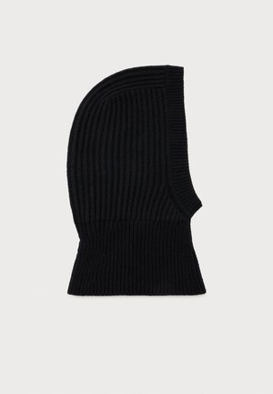 Black ribbed knit balaclava with an open face design laid flat on a white background.