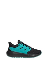 Black athletic shoe featuring a breathable mesh upper, turquoise accents, three-stripe design, and a cushioned black sole.