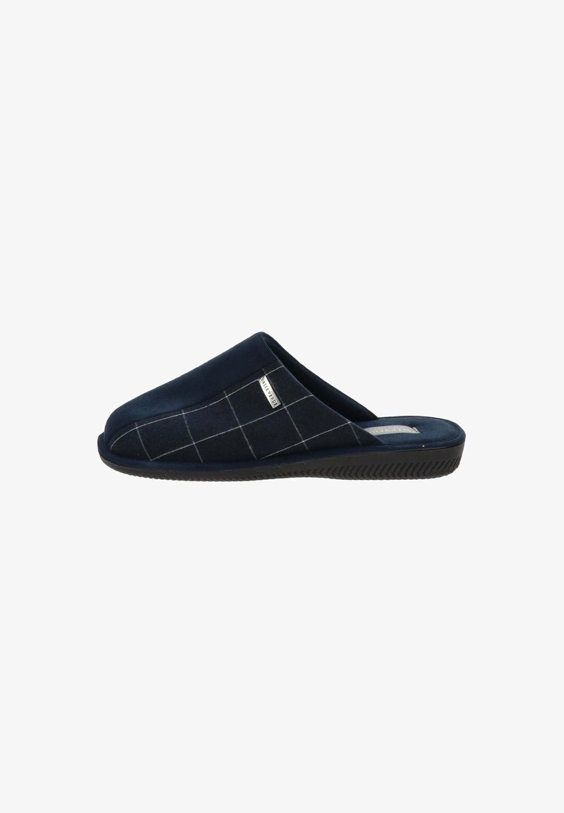 Marineblauwe instapslippers met een zachte stoffen bovenkant die een gecheckt patroon heeft, een textuurzool en een gevoerde binnenzool voor extra comfort.