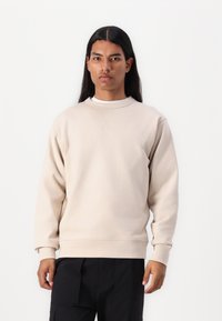 Sweatshirt bege com decote redondo e mangas compridas, feito de tecido macio. Apresenta punhos e bainha canelados, com detalhes de costura discretos.