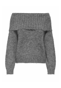 Pull gris à épaules dénudées en tissu doux et texturé, avec un col côtelé et de longues manches, présentant une coupe décontractée et une finition duveteuse.