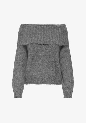 Pilkas švelnus megztinis be petnešėlių, pagamintas iš minkštos, tekstūrinės medžiagos su įripotais kraštais ir ilgomis rankovėmis, turintis laisvą siluetą ir pūkuotą apdailą.