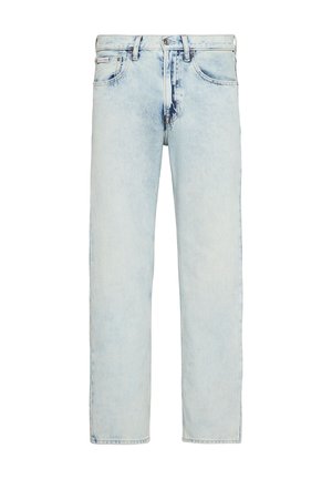 Jean bleu clair taille haute à jambes droites avec un léger effet délavé et une fermeture avant à bouton et fermeture éclair.