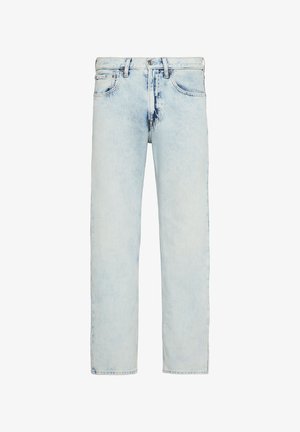 Lichtblauwe high-rise jeans met rechte pijpen, subtiel vervaagd en een vooraan knoop- en ritsluiting.