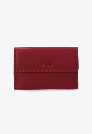 Red leather wallet with a textured finish, featuring a front flap and embossed logo. Compact rectangular shape, clean lines, and stitched edges.