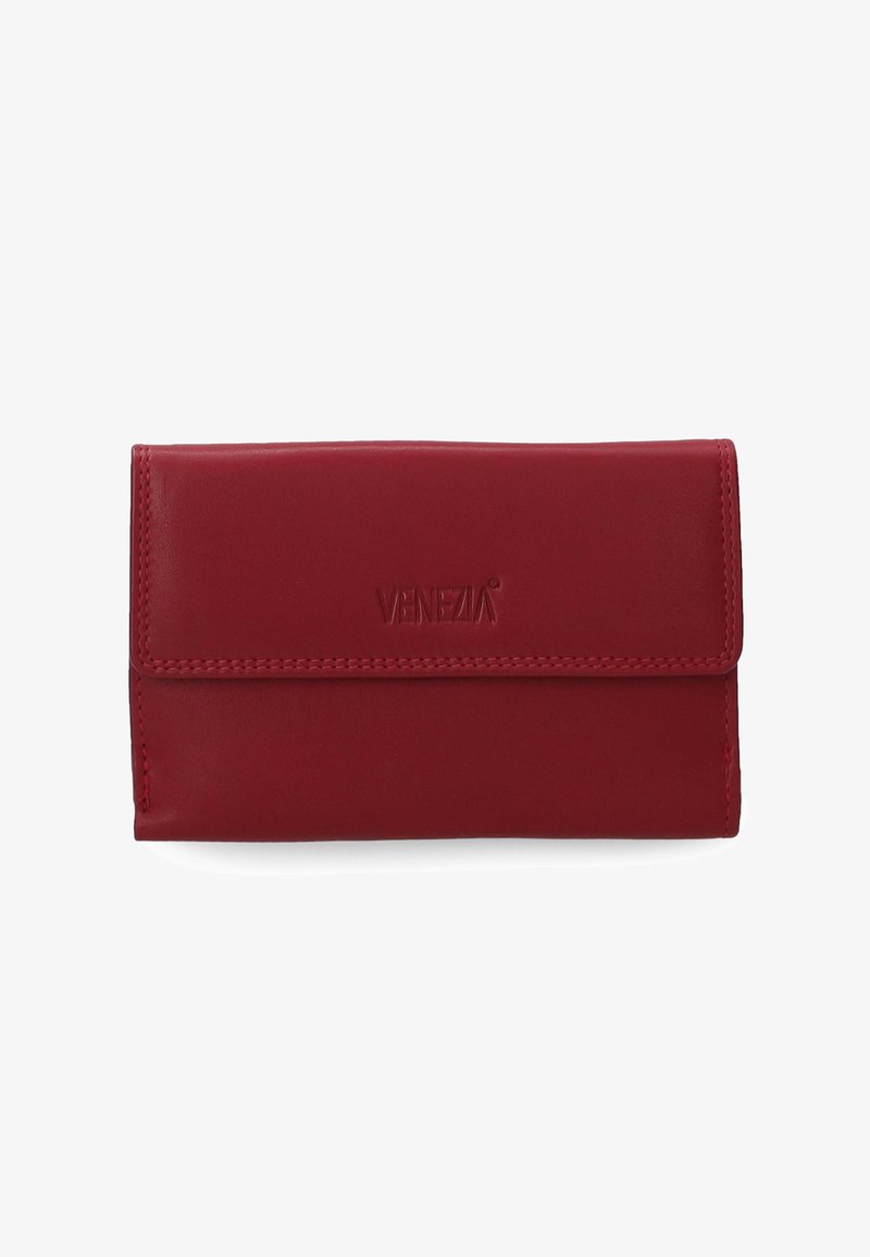 Rote Lederbörse mit strukturiertem Finish, versehen mit einem Vorderklappengehäuse und geprägtem Logo. Kompakte rechteckige Form, klare Linien und gestickte Kanten.