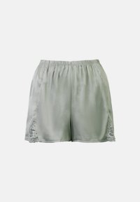 Shorts en satin vert avec une taille élastique. Présente des détails en dentelle de chaque côté et une texture lisse sur l'ensemble.