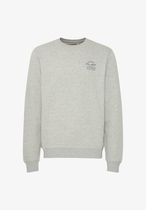 Gray sweatshirt made of soft fabric, featuring a round neck, long sleeves, and a small printed logo on the chest. Ribbed cuffs and hem.