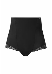 Mutande alte nere realizzate in tessuto liscio, con un bordo in pizzo sul fondo a forma di scallop e un piccolo etichetta con il logo.