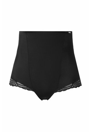 Hochgeschnittene schwarze Unterwäsche aus glattem Stoff, mit einem Spitzenrand am unteren Ende und einer gewellten Kante sowie einem kleinen Logotag.