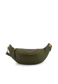 Olivgrünes Lederbauchtasche mit geschwungener Form, goldfarbener Reißverschluss und markiertem Patch. Verfügt über einen abnehmbaren Gurt und eine strukturierte Oberfläche.