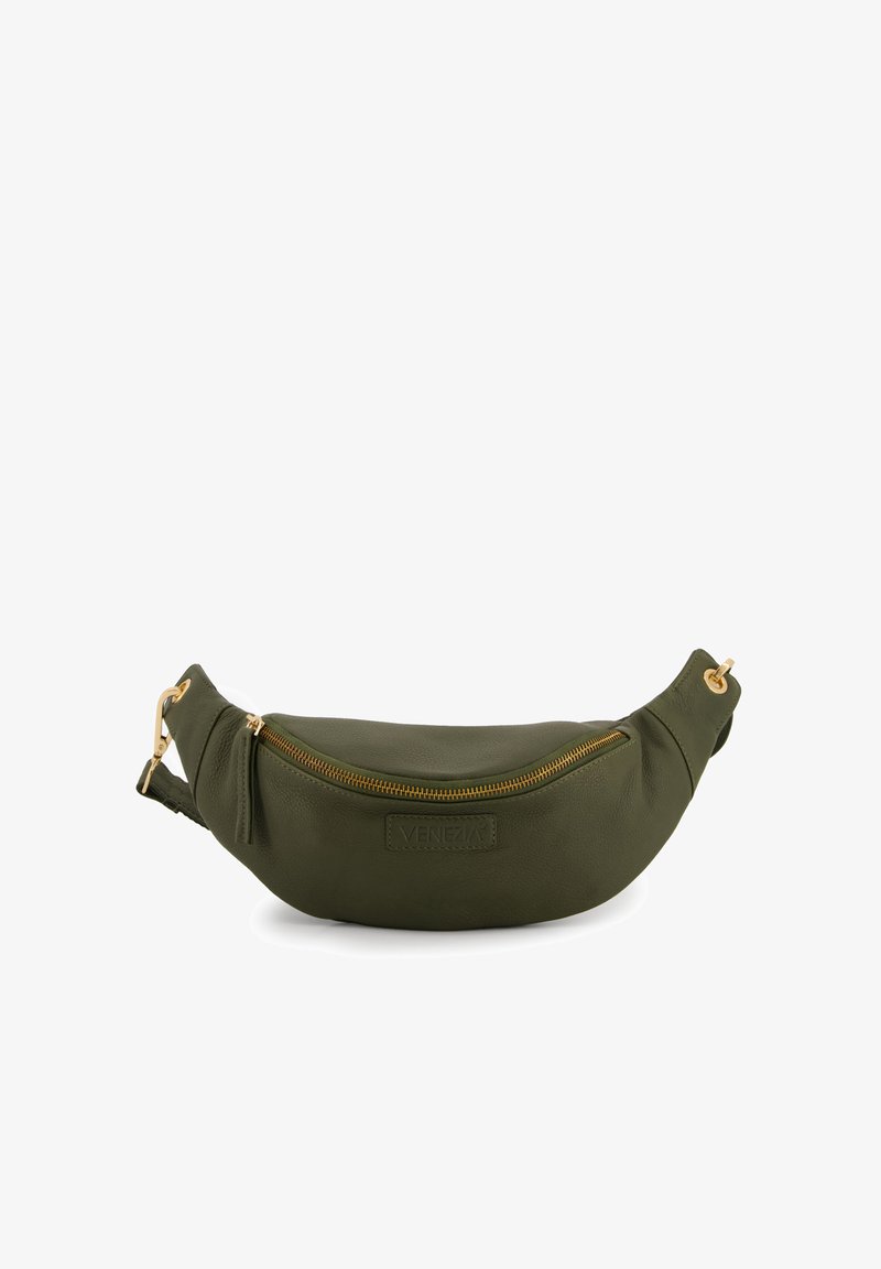 Olive green leather fanny pack with a curved shape, gold zipper, and branded patch. Features a detachable strap and textured surface.