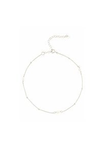 Braccialetto in argento con piccole perline rotonde e una perla centrale più grande, dotato di un clasp regolabile e di un design pulito e minimalista.