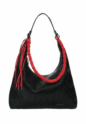 Black wavy-textured handbag with a braided red handle and tassels. Features a curvy shape and a smooth interior. Medium-sized.
