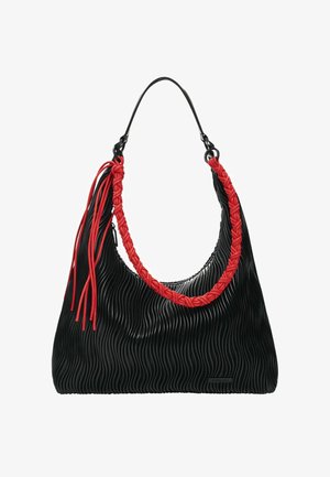 Black wavy-textured handbag with a braided red handle and tassels. Features a curvy shape and a smooth interior. Medium-sized.