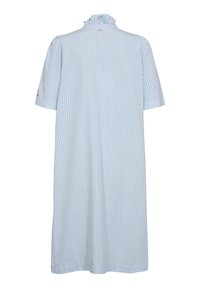Sukienka z krótkim rękawem w pionowe paski w kolorze jasnoniebieskim i białym, z falbankowym kołnierzykiem i zapięciem na guziki z tyłu.