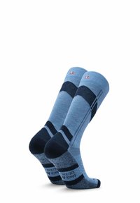 Blaue und marineblaue gestreifte Socken mit verstärktem Fersenbereich, glatter Textur und Markenlogo am Knöchel. Das Material scheint weich und elastisch zu sein.