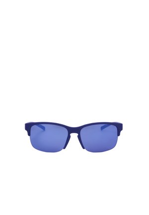 Occhiali da sole rettangolari con lenti tinta blu, montatura blu scuro e aste dritte su sfondo bianco.