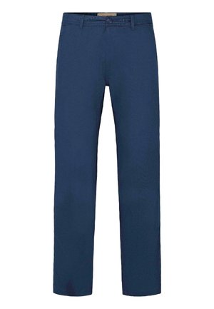 Marineblauwe katoenen broek met een rechte pijp, voorzien van een voorin sluiting met knopen en zichtbare steekzakken aan de zijkant. Gladde textuur.