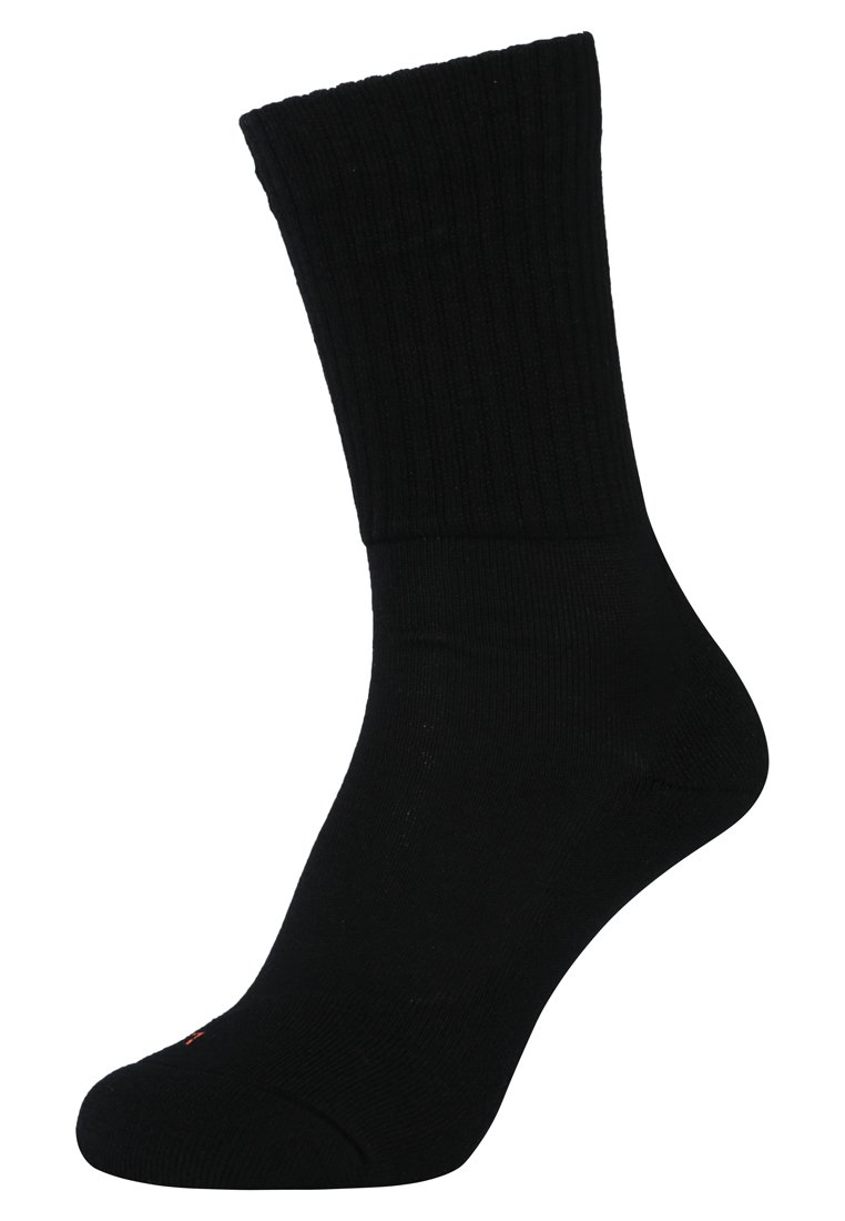 Calzino in cotone nero con texture a coste, dotato di punta e tallone rinforzati, tessuto morbido e senza marchi o motivi visibili.