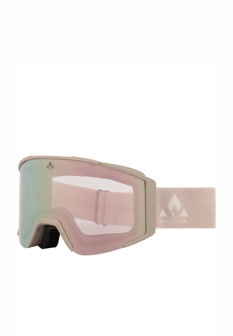 Skid goggles med en beige ram, rosa och gröna spegelglas, och ett mjukt band med en logotyp. Slät yta, vinklad design.