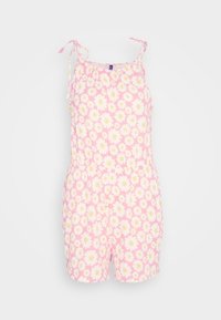 Růžový bezramínkový overal s bílým a žlutým vzorem sedmikrásky, nastavitelnými ramenními šňůrkami a elastickým pasem pro pohodlné nošení.